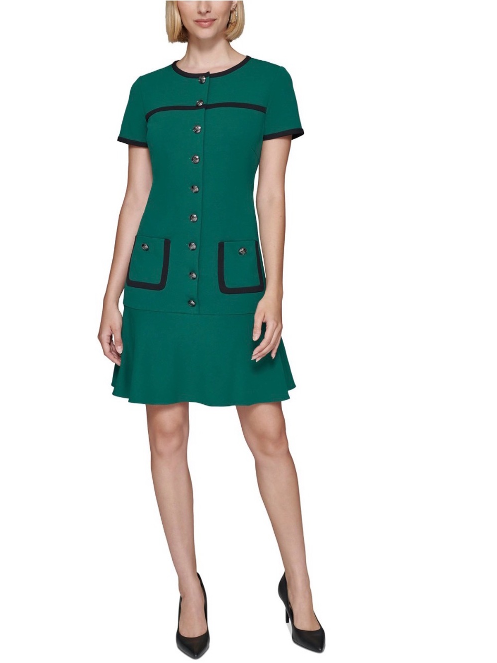 Karl Lagerfeld Emerald Green Short-Sleeve Ponte Dress with Black Trim